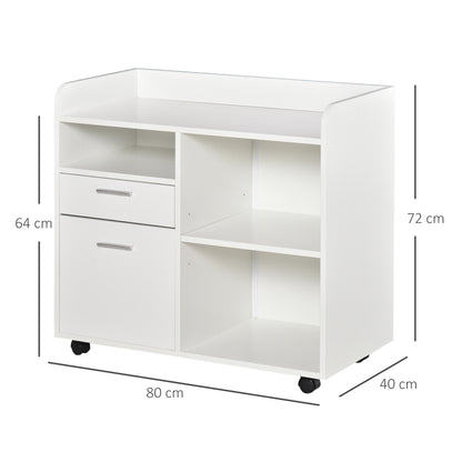 Printer Stand - Rolling Office Organization Unit - 80L x 40W x 72H cm White Wood