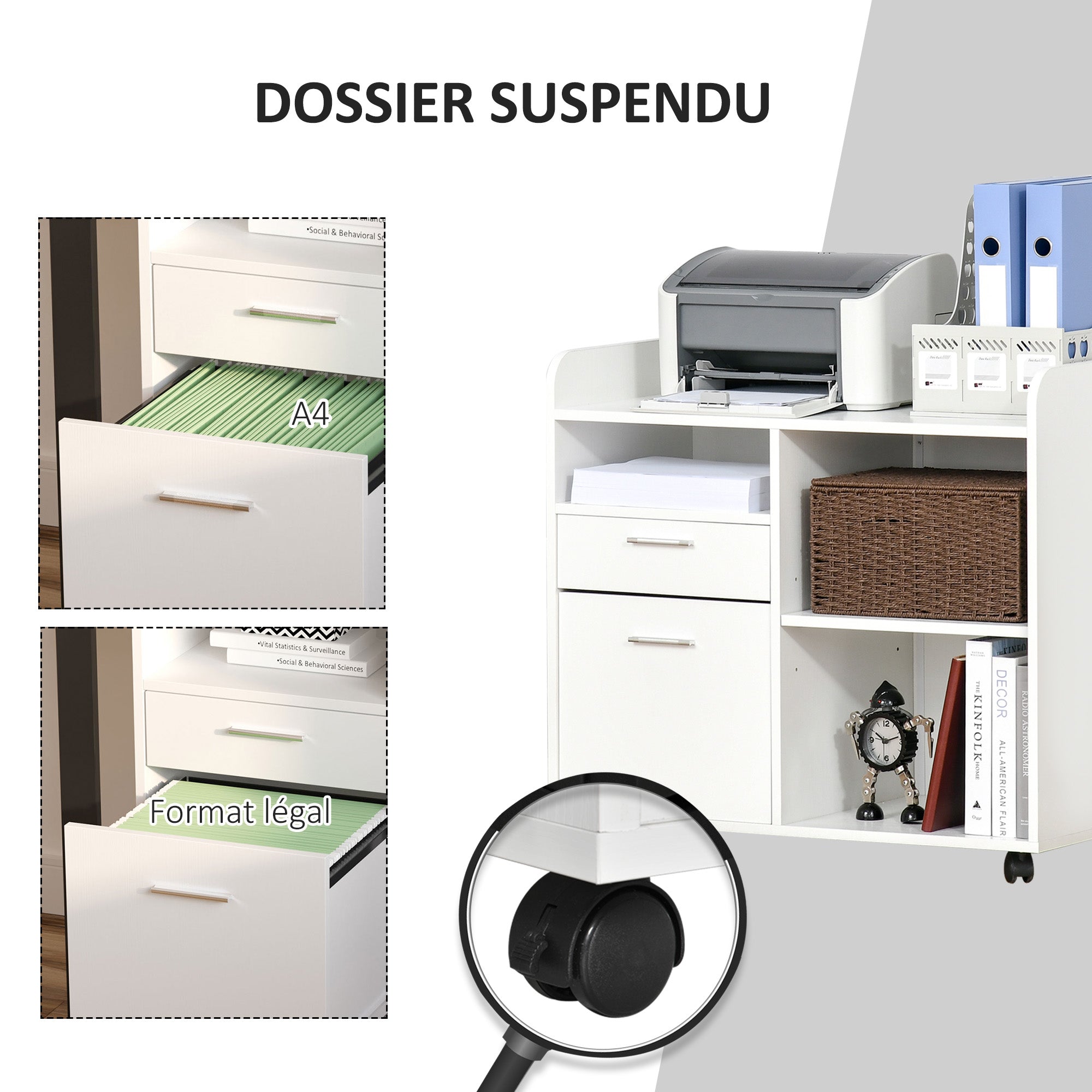 Printer Stand - Rolling Office Organization Unit - 80L x 40W x 72H cm White Wood