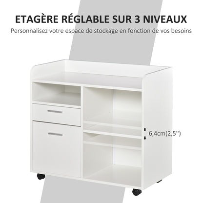 Printer Stand - Rolling Office Organization Unit - 80L x 40W x 72H cm White Wood