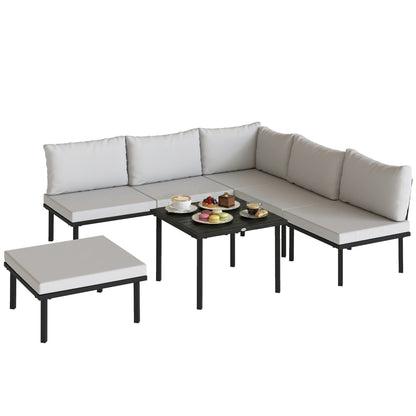 6-Piece Outdoor Lounge Set for 5–6 People — 2-Seat Sofa, Corner Chair, 2 Armless Chairs, Ottoman & Slatted Metal Coffee Table — Thick Cushions, Light Gray