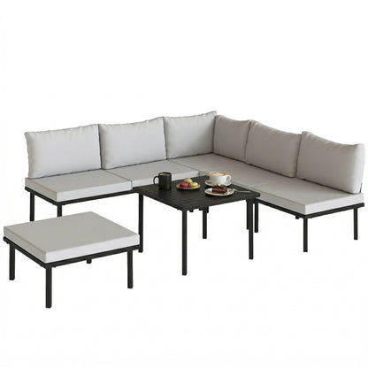 6-Piece Outdoor Lounge Set for 5–6 People — 2-Seat Sofa, Corner Chair, 2 Armless Chairs, Ottoman & Slatted Metal Coffee Table — Thick Cushions, Light Gray