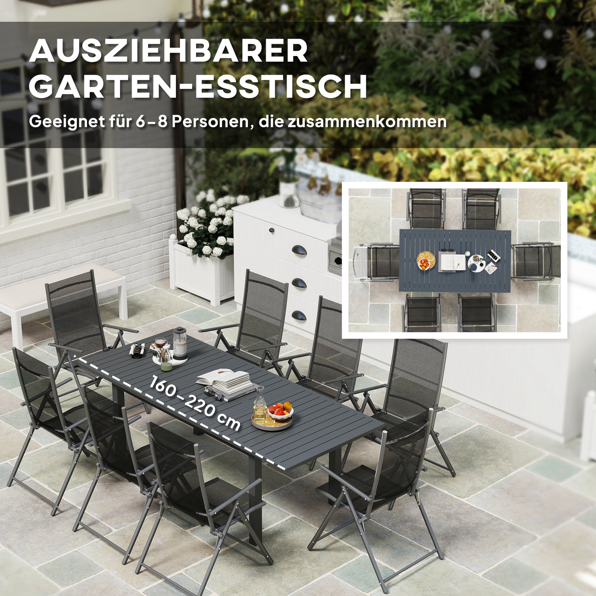 Patio Table Expandable Aluminum 160/220x90 cm Weather Resistant Balcony Table, Non-slip Buffet Table Camping Table for 6-8 People, Outdoor Dining Table for Garden, Terrace Balcony Gray