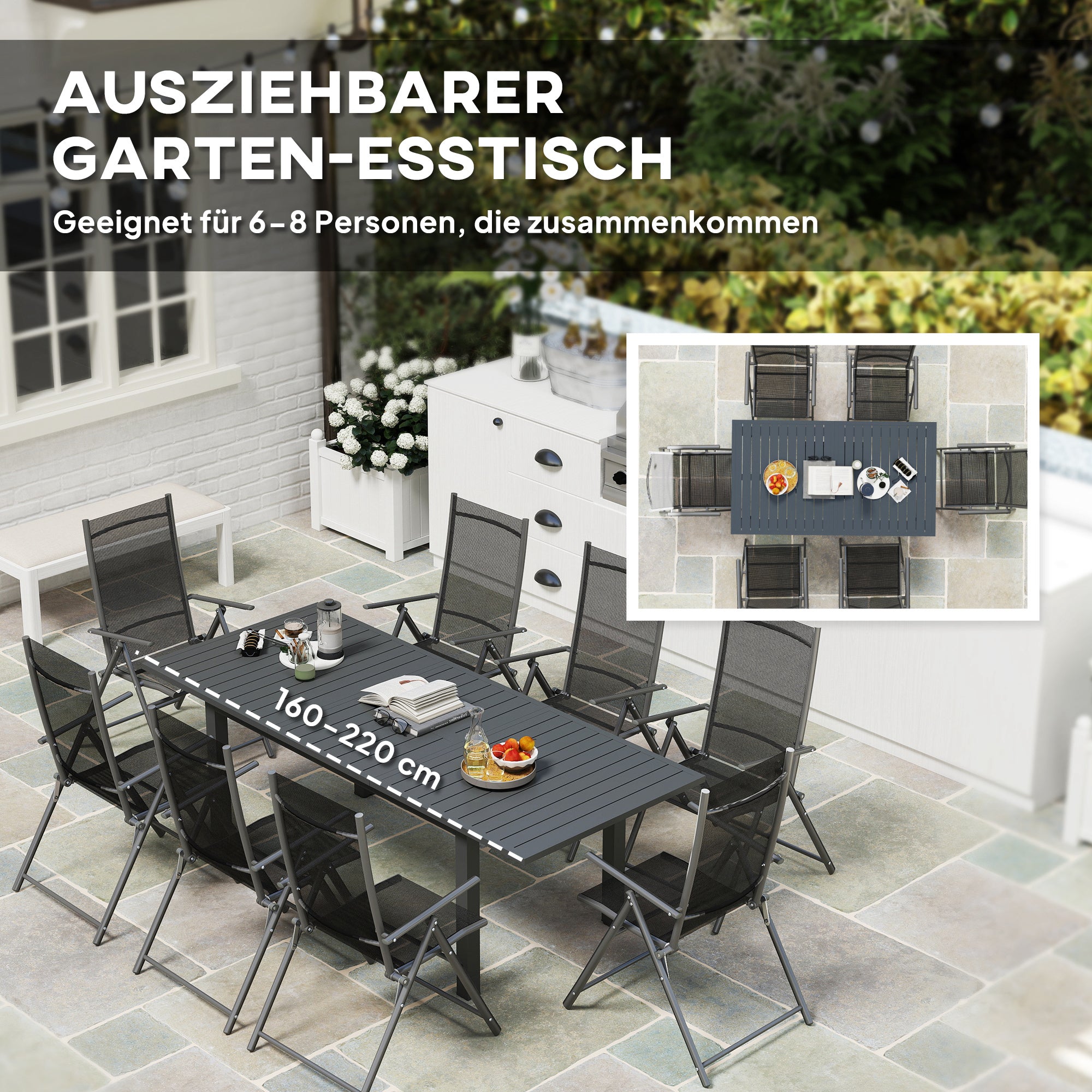 Patio Table Expandable Aluminum 160/220x90 cm Weather Resistant Balcony Table, Non-slip Buffet Table Camping Table for 6-8 People, Outdoor Dining Table for Garden, Terrace Balcony Gray