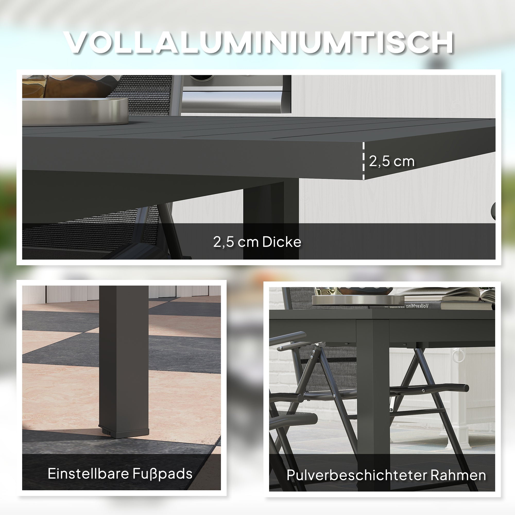 Patio Table Expandable Aluminum 160/220x90 cm Weather Resistant Balcony Table, Non-slip Buffet Table Camping Table for 6-8 People, Outdoor Dining Table for Garden, Terrace Balcony Gray
