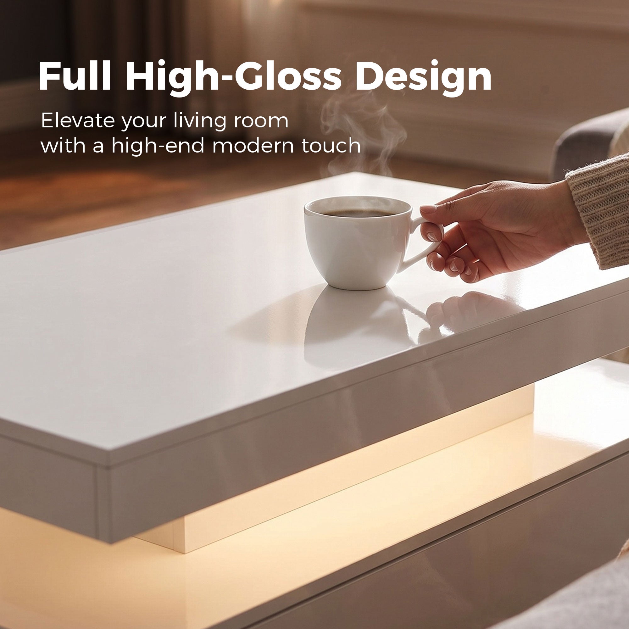 Coffee Table, High-Gloss White with Dimmable RGB LED Strip, App Control, 2 Drawers, Music Sync & Timer, Modern Side Table 39.4 x 19.7 x 15.7 in (100 x 50 x 40 cm)