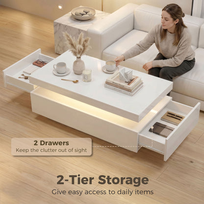 Coffee Table, High-Gloss White with Dimmable RGB LED Strip, App Control, 2 Drawers, Music Sync & Timer, Modern Side Table 39.4 x 19.7 x 15.7 in (100 x 50 x 40 cm)