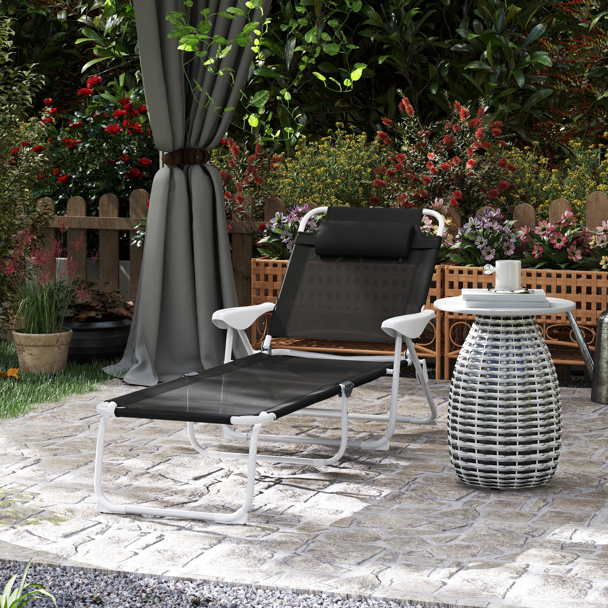 Folding Sun Lounger with Pillow — 4-Position Adjustable Backrest, Weather-Resistant Camping & Garden Chair, Supports up to 265 lb, Black