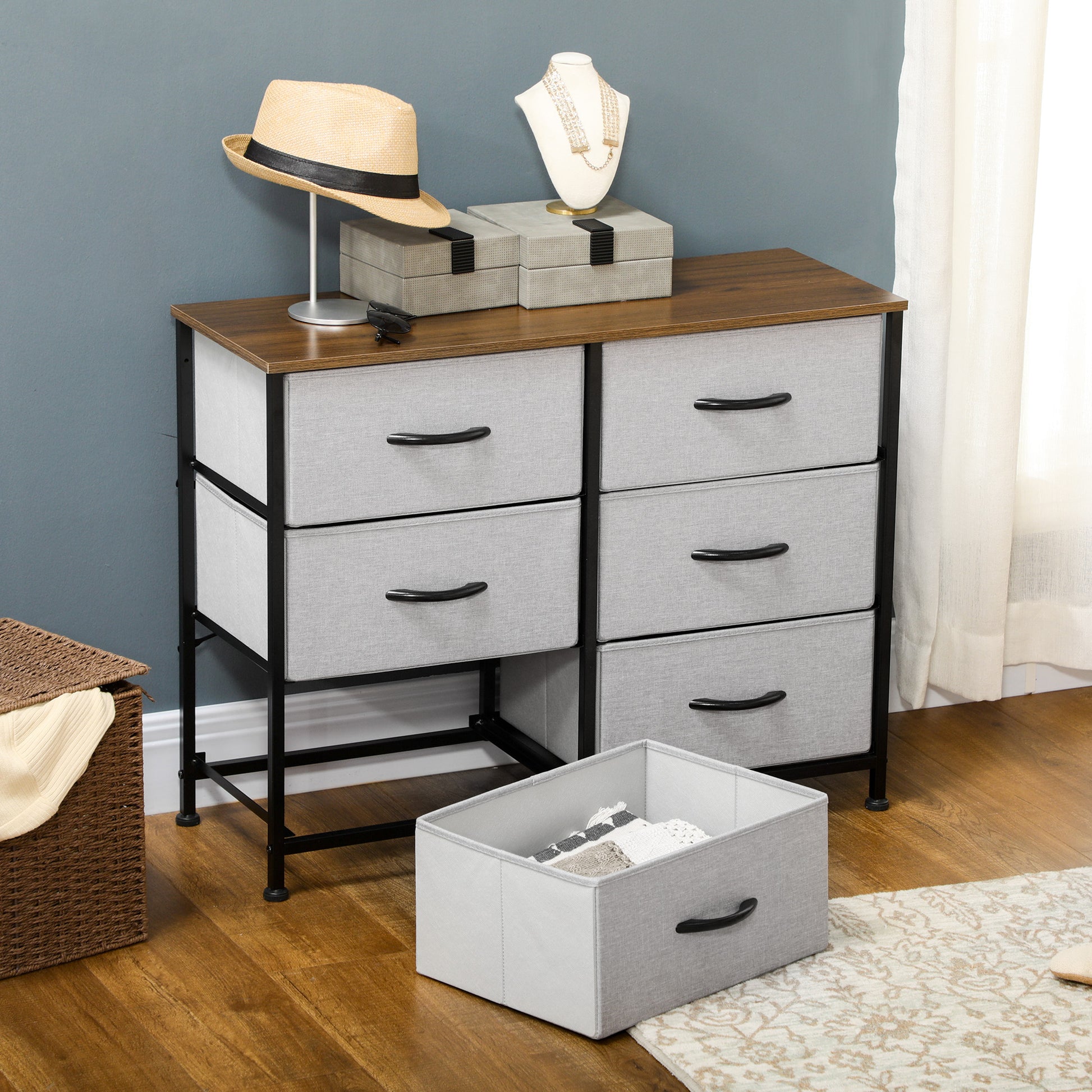 Dresser Sideboard with 6 Foldable Fabric Drawers, Drawer Cabinet with Worktop, Handle, Multi-purpose Cabinet with Anti-Tip Device, for Living Room Bedroom, Gray