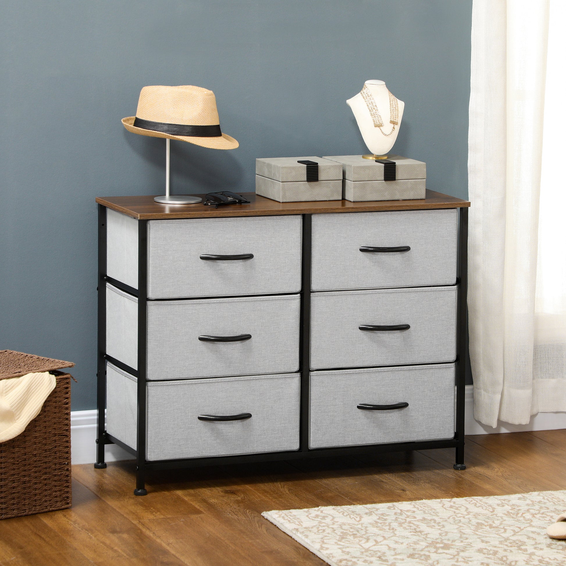 Dresser Sideboard with 6 Foldable Fabric Drawers, Drawer Cabinet with Worktop, Handle, Multi-purpose Cabinet with Anti-Tip Device, for Living Room Bedroom, Gray