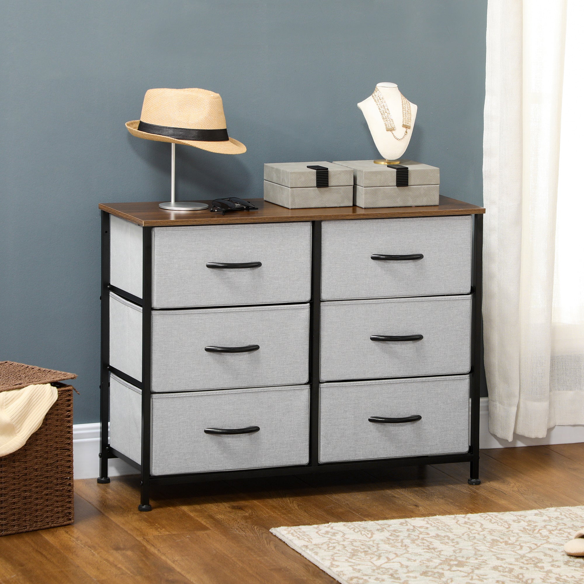 Dresser Sideboard with 6 Foldable Fabric Drawers, Drawer Cabinet with Worktop, Handle, Multi-purpose Cabinet with Anti-Tip Device, for Living Room Bedroom, Gray