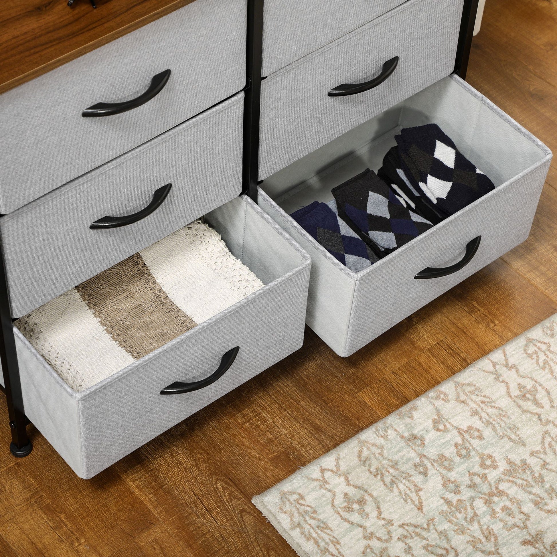 Dresser Sideboard with 6 Foldable Fabric Drawers, Drawer Cabinet with Worktop, Handle, Multi-purpose Cabinet with Anti-Tip Device, for Living Room Bedroom, Gray