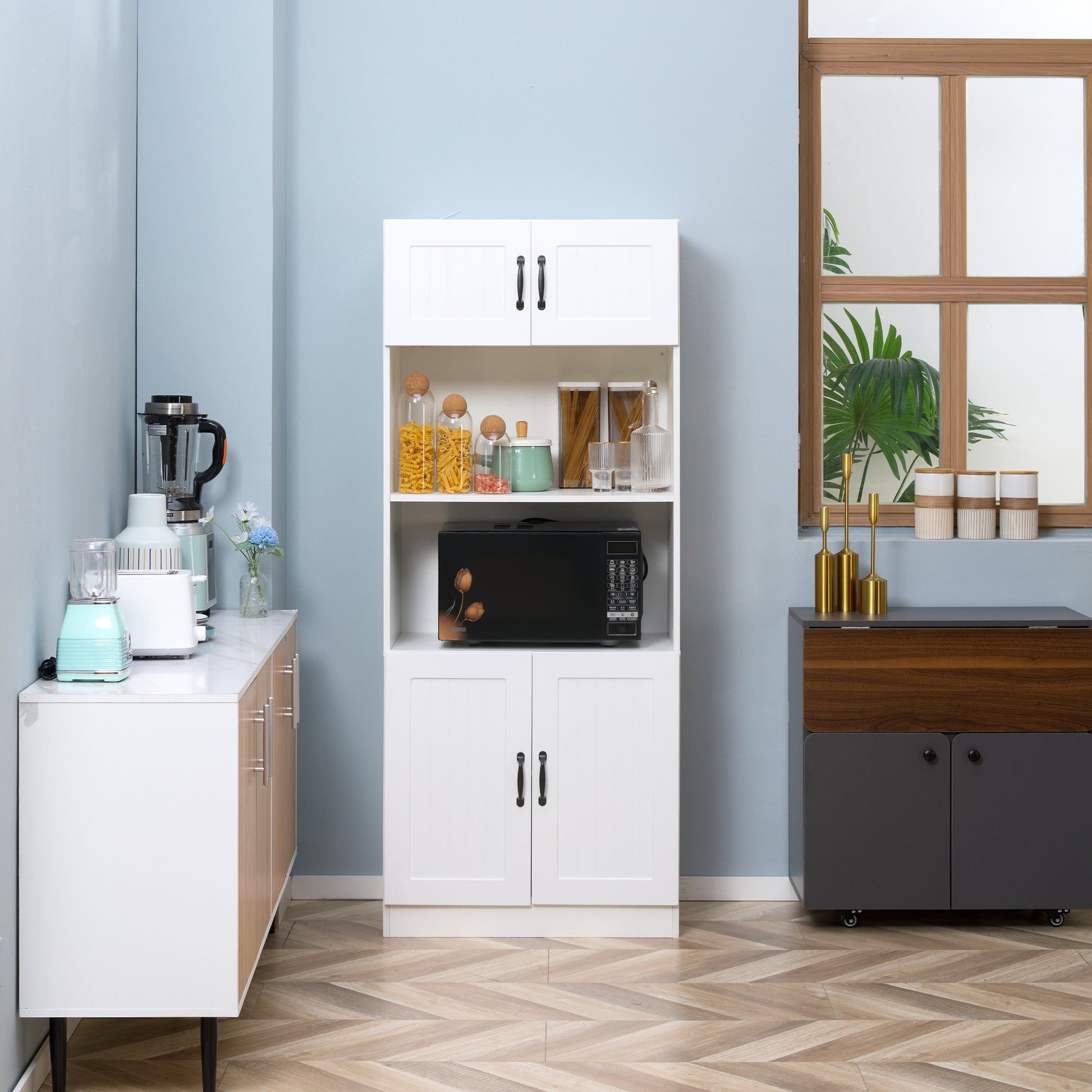 Kitchen Cabinet Kitchen Buffet Tall Cabinet with 2 Shelves and 2 Cabinets Dining Room Cupboard with Adjustable Shelf Boards Microwave Stand Anti-Tip Strap Country Style White