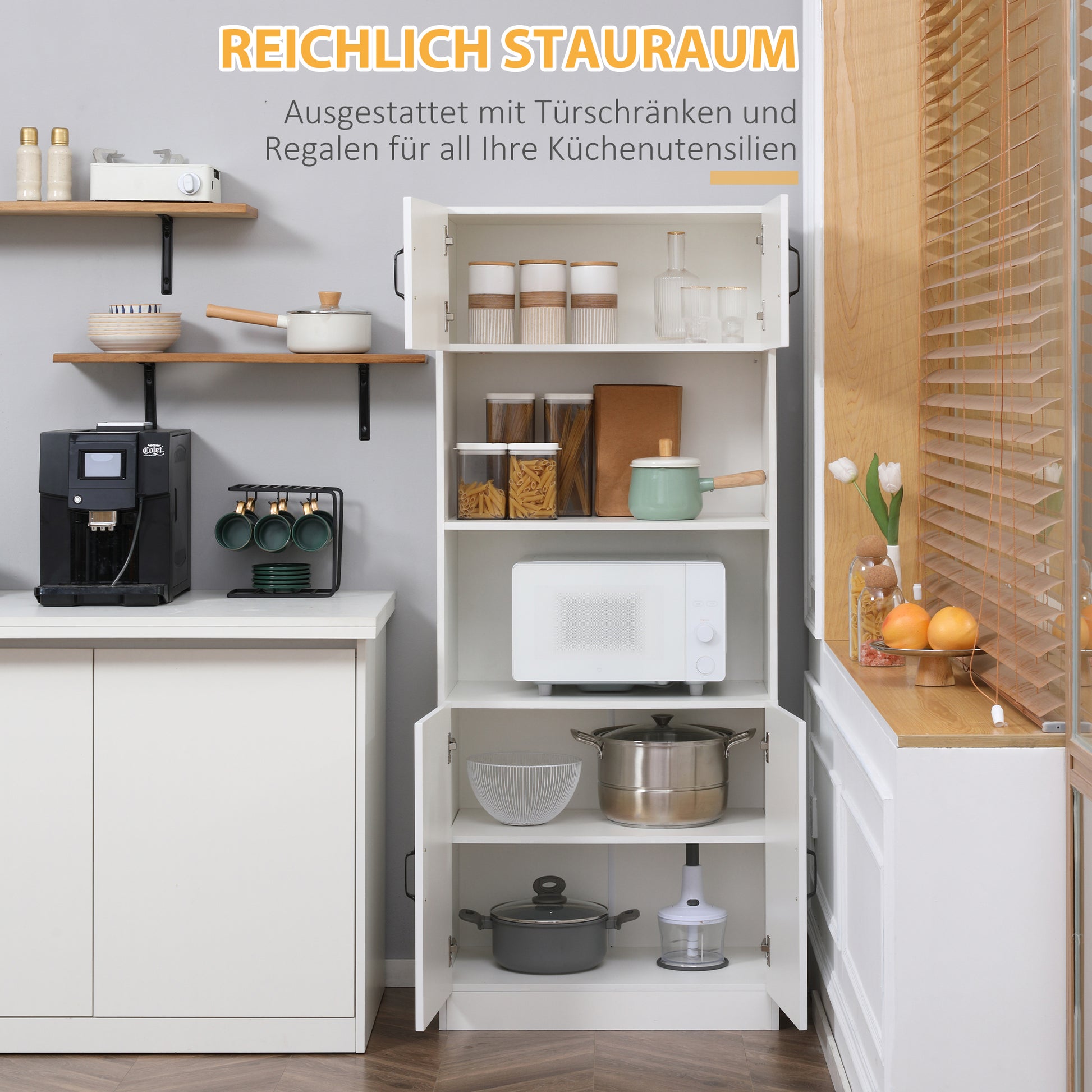 Kitchen Cabinet Kitchen Buffet Tall Cabinet with 2 Shelves and 2 Cabinets Dining Room Cupboard with Adjustable Shelf Boards Microwave Stand Anti-Tip Strap Country Style White