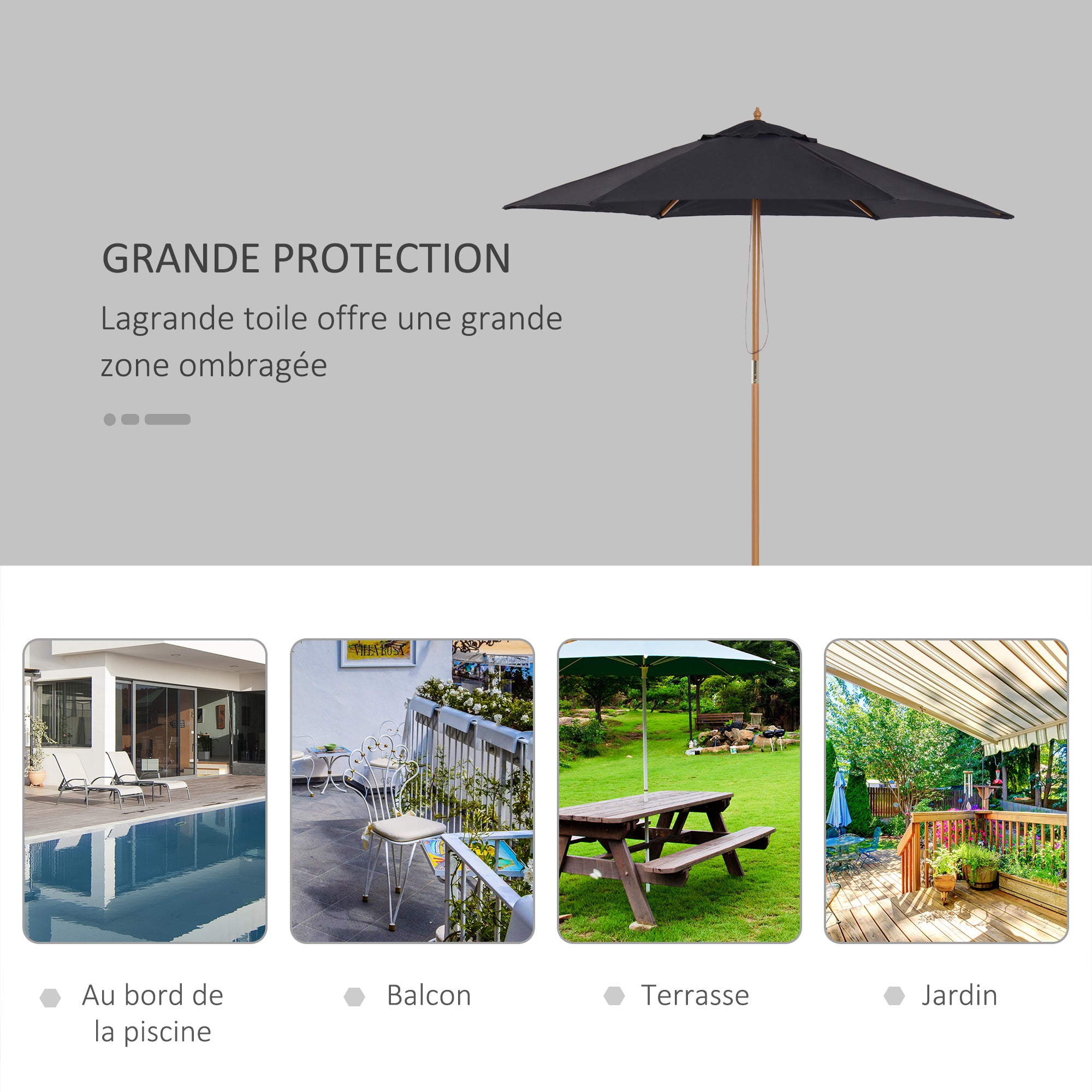 Outdoor Garden Umbrella Double Top Hexagonal Large Size Garden Ø 2.5 x 2.3H m Black Bamboo Wood