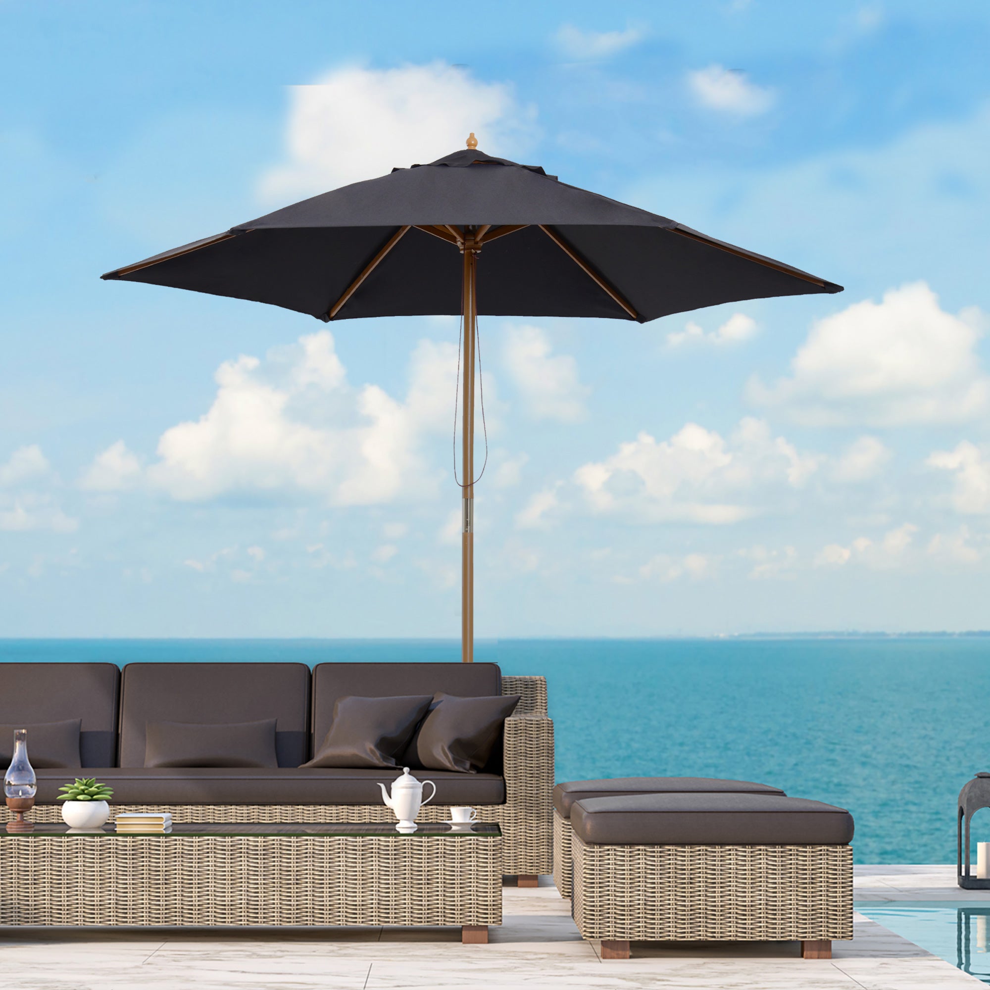 Outdoor Garden Umbrella Double Top Hexagonal Large Size Garden Ø 2.5 x 2.3H m Black Bamboo Wood