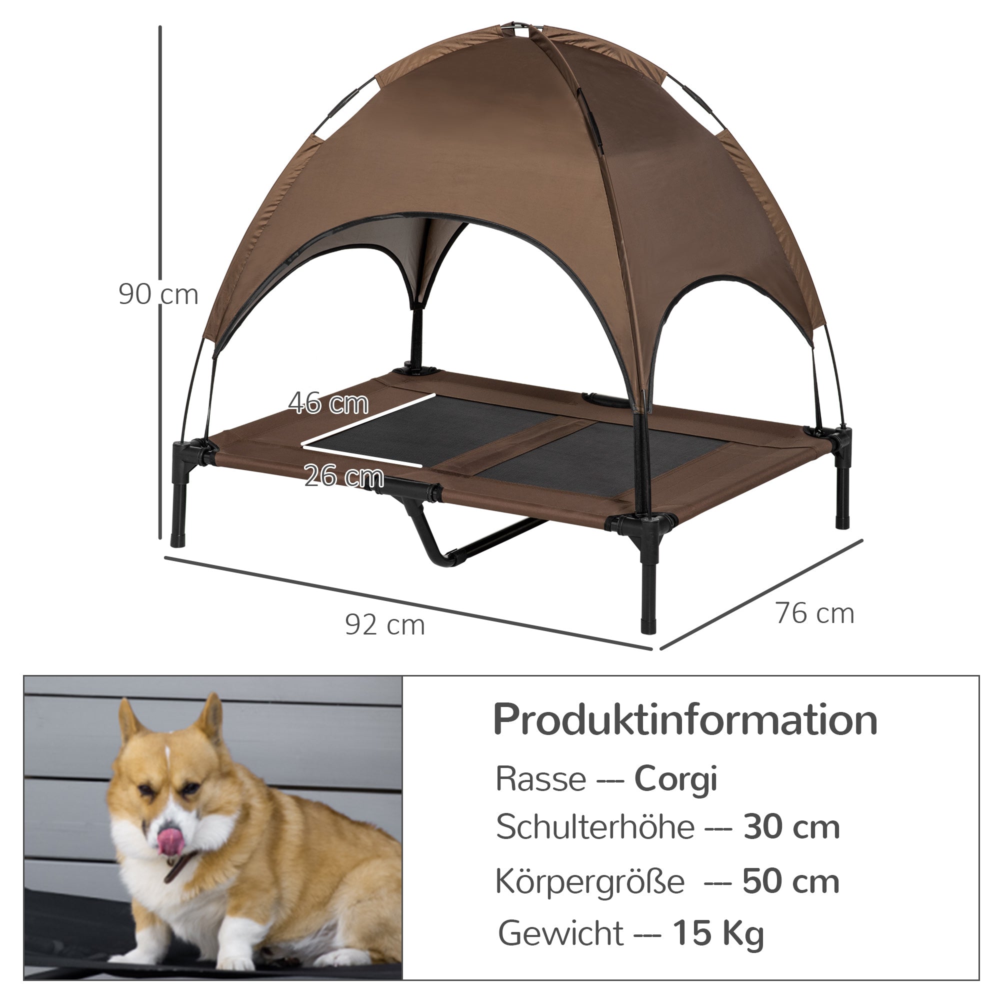Raised Dog Bed with Canopy, Pet Bed, Dog Lounge Outdoor with Roof, Breathable, Taft Fabric for Camping Coffee 92 x 76 x 90 cm