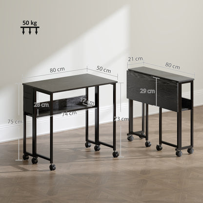 Space Saving Folding Flip-Top Desk, Small Desk with Brake Wheels, Shelf and Storage Pocket, Foldable Computer Table for Home, Study, and Office, 80x50x75 cm, Black