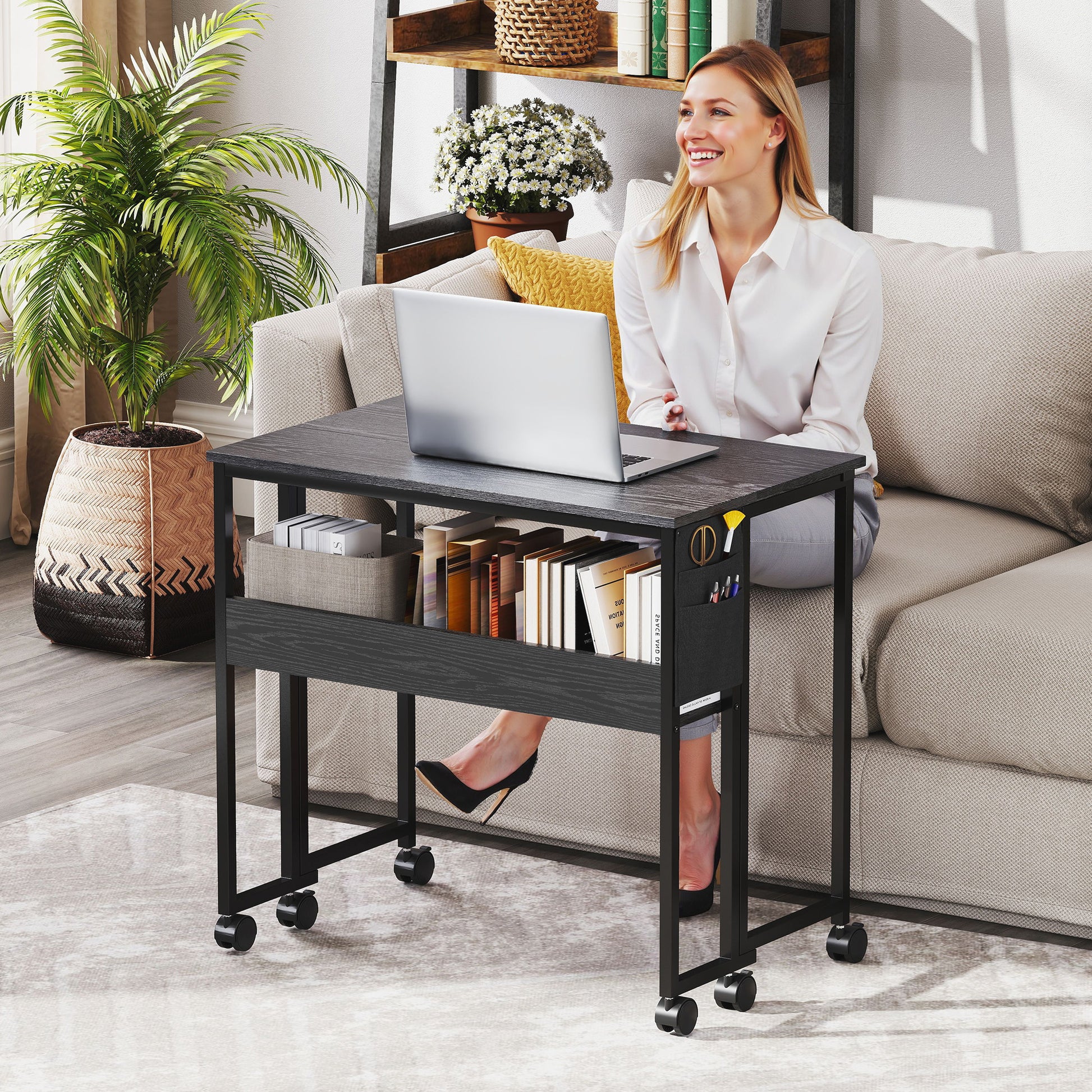 Space Saving Folding Flip-Top Desk, Small Desk with Brake Wheels, Shelf and Storage Pocket, Foldable Computer Table for Home, Study, and Office, 80x50x75 cm, Black