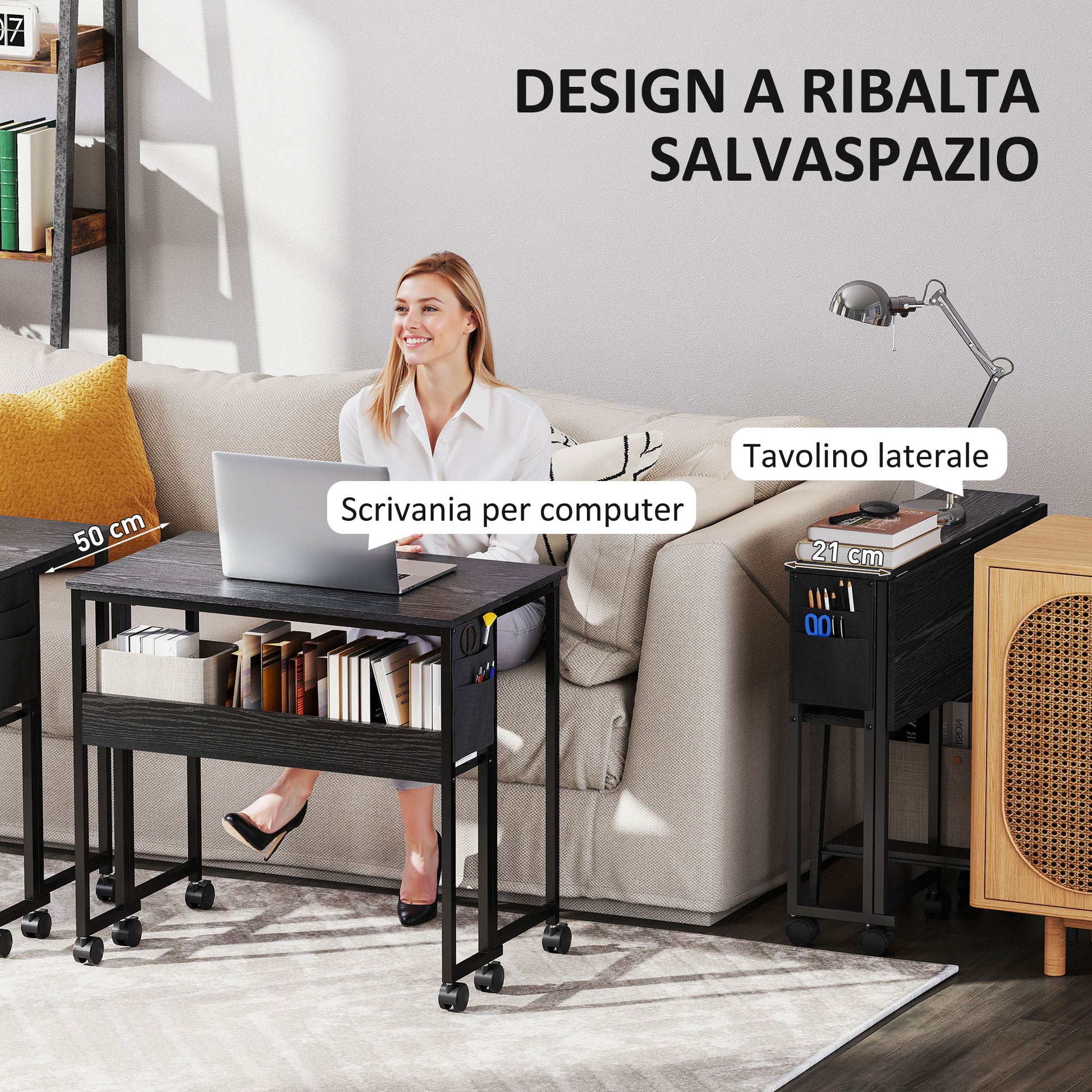Space Saving Folding Flip-Top Desk, Small Desk with Brake Wheels, Shelf and Storage Pocket, Foldable Computer Table for Home, Study, and Office, 80x50x75 cm, Black