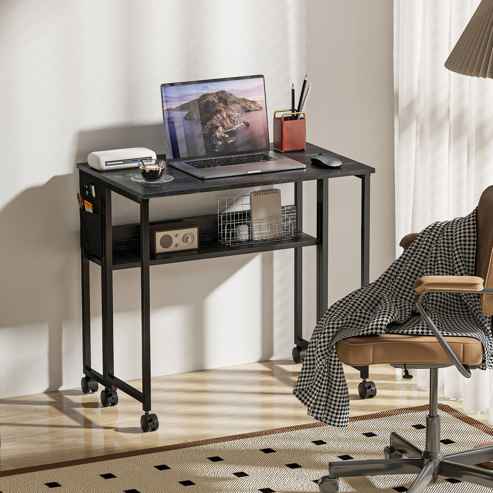 Space Saving Folding Flip-Top Desk, Small Desk with Brake Wheels, Shelf and Storage Pocket, Foldable Computer Table for Home, Study, and Office, 80x50x75 cm, Black