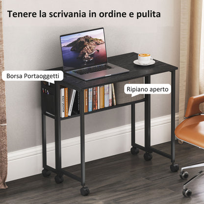 Space Saving Folding Flip-Top Desk, Small Desk with Brake Wheels, Shelf and Storage Pocket, Foldable Computer Table for Home, Study, and Office, 80x50x75 cm, Black