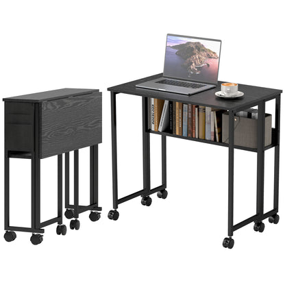 Space Saving Folding Flip-Top Desk, Small Desk with Brake Wheels, Shelf and Storage Pocket, Foldable Computer Table for Home, Study, and Office, 80x50x75 cm, Black