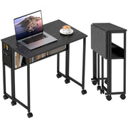 Space Saving Folding Flip-Top Desk, Small Desk with Brake Wheels, Shelf and Storage Pocket, Foldable Computer Table for Home, Study, and Office, 80x50x75 cm, Black