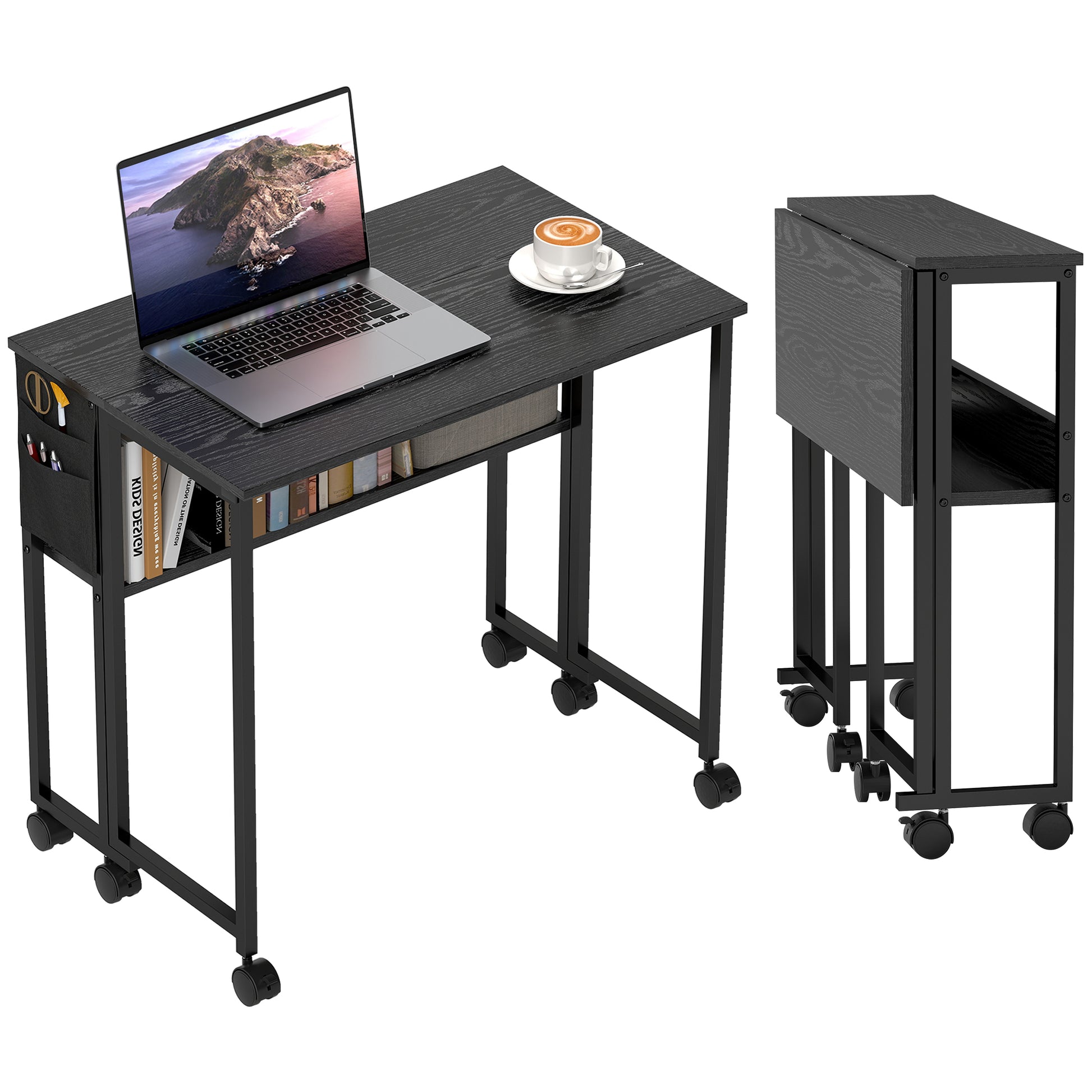 Space Saving Folding Flip-Top Desk, Small Desk with Brake Wheels, Shelf and Storage Pocket, Foldable Computer Table for Home, Study, and Office, 80x50x75 cm, Black