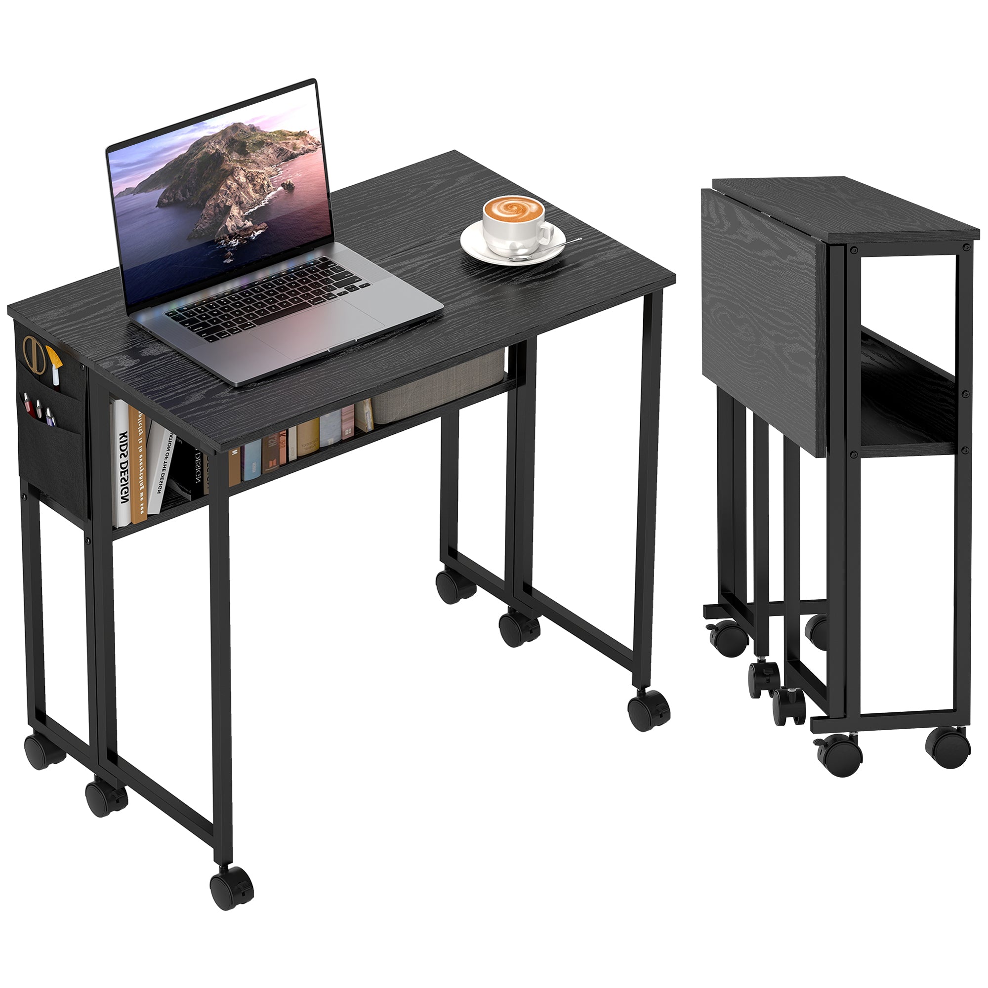 Space Saving Folding Flip-Top Desk, Small Desk with Brake Wheels, Shelf and Storage Pocket, Foldable Computer Table for Home, Study, and Office, 80x50x75 cm, Black