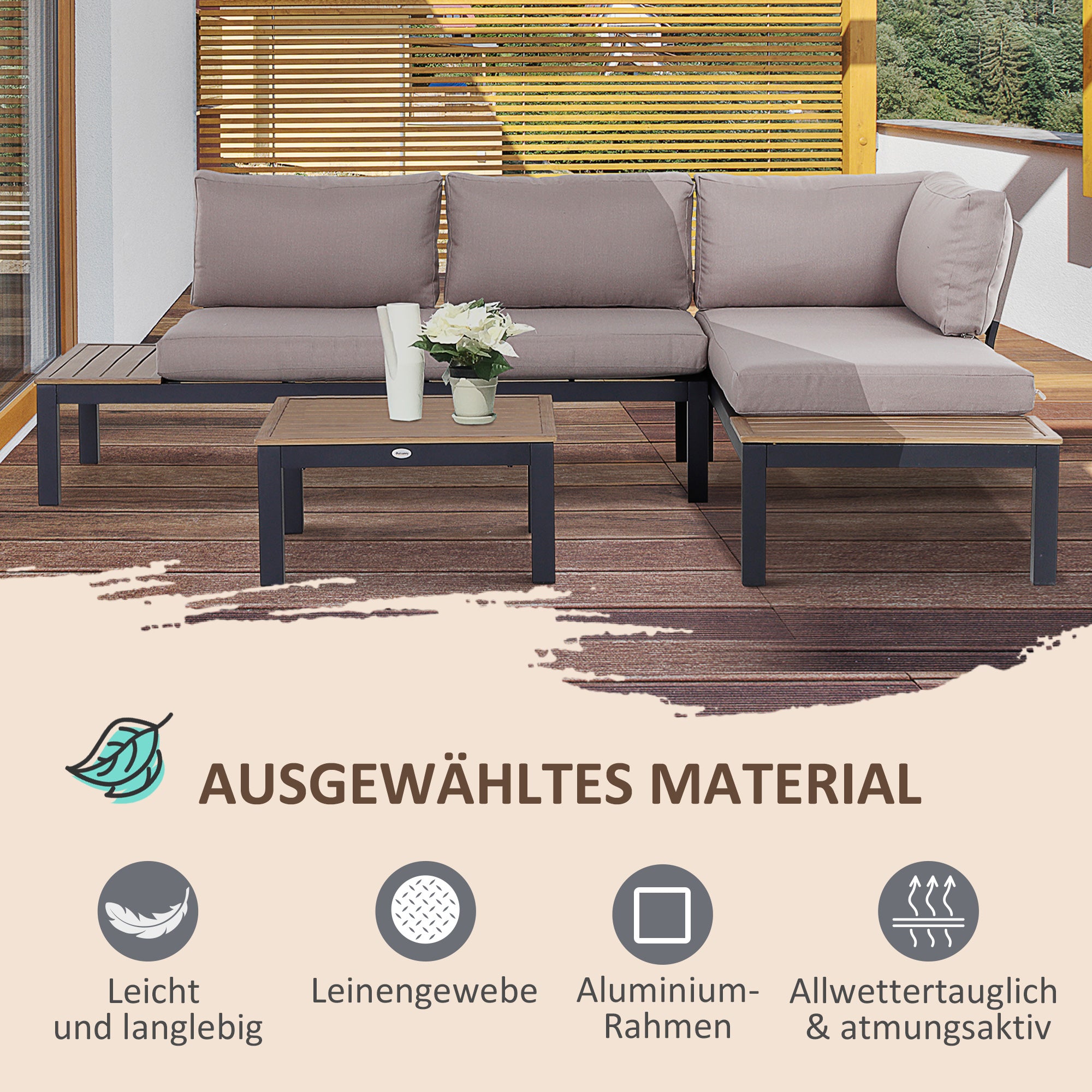 3-Piece Outdoor Furniture Set with Coffee Table, Sofa with Cushions, Aluminum, 164 x 74 x 69 cm