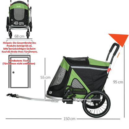 2-in-1 Dog Bicycle Trailer Pet Stroller & Jogger with Safety Leash, Dog Carriage with Reflectors Shock Absorbers for Medium Dogs up to 20 kg, Oxford Fabric, Green