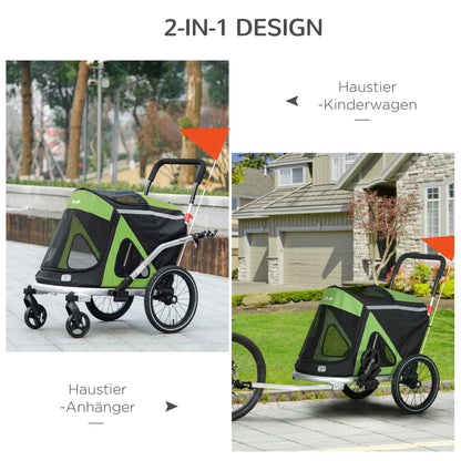 2-in-1 Dog Bicycle Trailer Pet Stroller & Jogger with Safety Leash, Dog Carriage with Reflectors Shock Absorbers for Medium Dogs up to 20 kg, Oxford Fabric, Green
