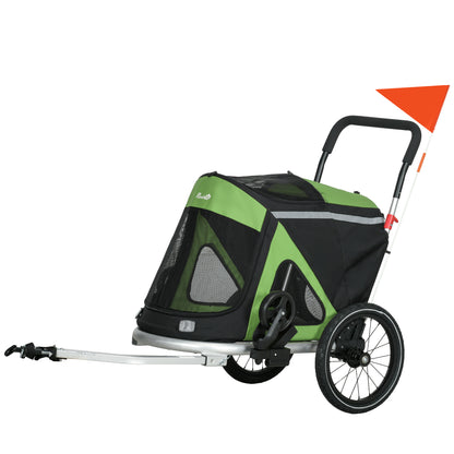 2-in-1 Dog Bicycle Trailer Pet Stroller & Jogger with Safety Leash, Dog Carriage with Reflectors Shock Absorbers for Medium Dogs up to 20 kg, Oxford Fabric, Green