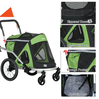 2-in-1 Dog Bicycle Trailer Pet Stroller & Jogger with Safety Leash, Dog Carriage with Reflectors Shock Absorbers for Medium Dogs up to 20 kg, Oxford Fabric, Green