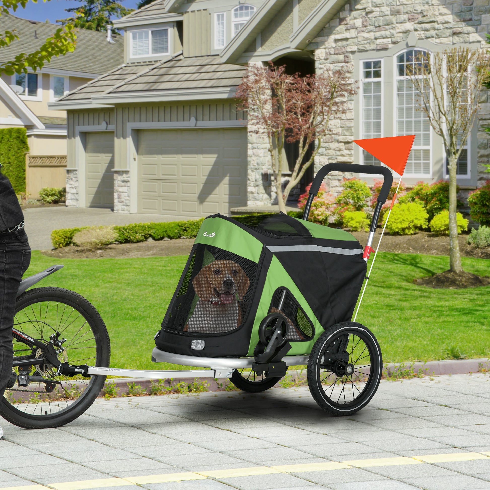 2-in-1 Dog Bicycle Trailer Pet Stroller & Jogger with Safety Leash, Dog Carriage with Reflectors Shock Absorbers for Medium Dogs up to 20 kg, Oxford Fabric, Green