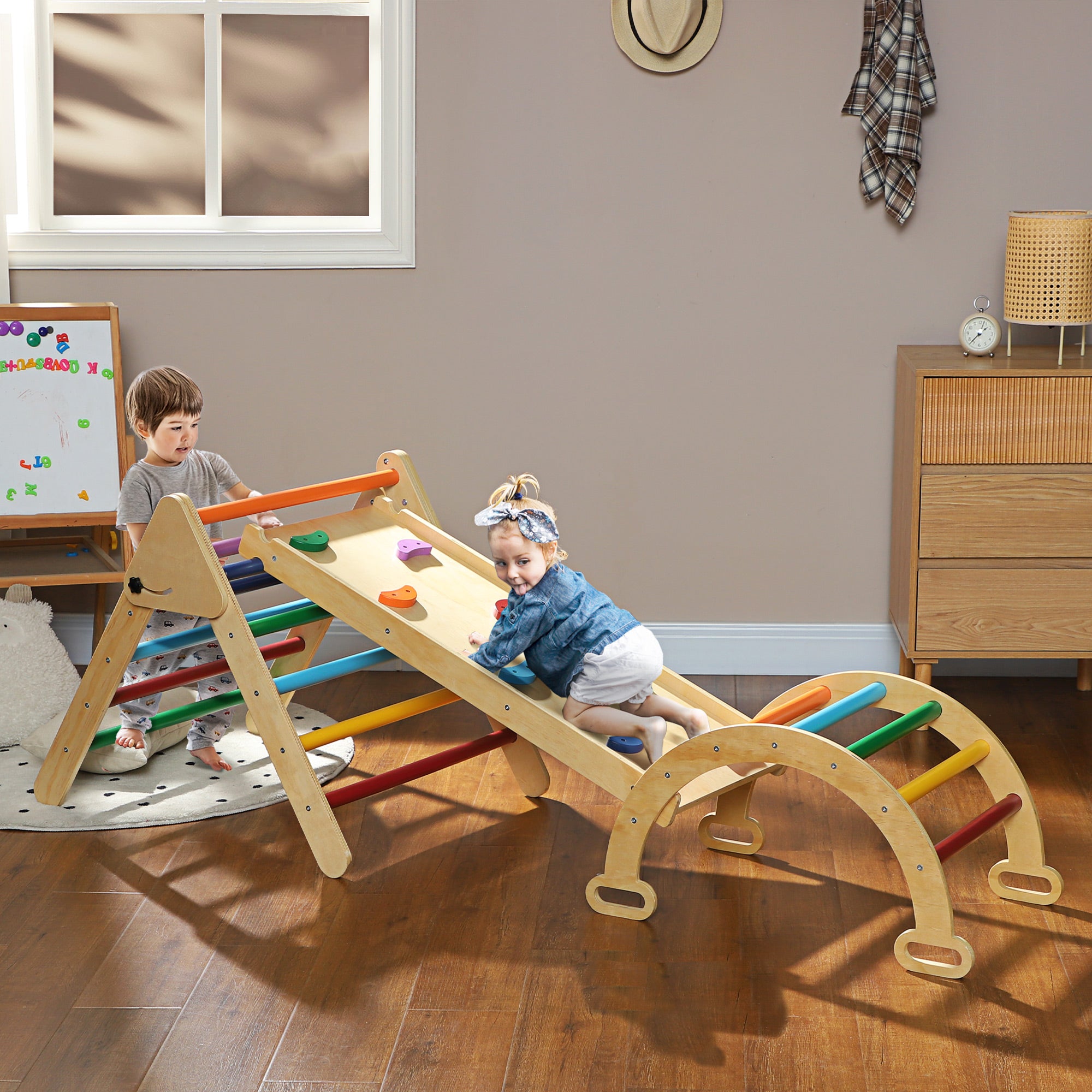 Foldable 5-in-1 Wooden Climbing Triangle for Kids aged 18-48 Months with Climbing Arch Ramp for Sliding or Climbing 178x64.5 cm Multicolor