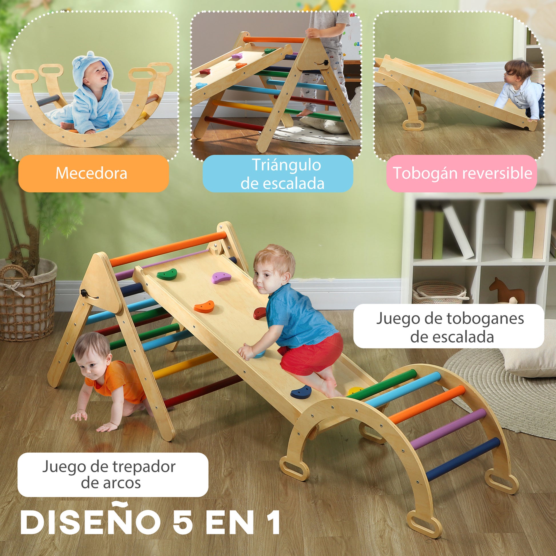 Foldable 5-in-1 Wooden Climbing Triangle for Kids aged 18-48 Months with Climbing Arch Ramp for Sliding or Climbing 178x64.5 cm Multicolor