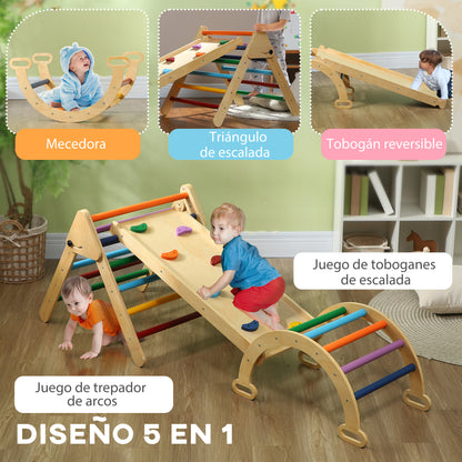 Foldable 5-in-1 Wooden Climbing Triangle for Kids aged 18-48 Months with Climbing Arch Ramp for Sliding or Climbing 178x64.5 cm Multicolor
