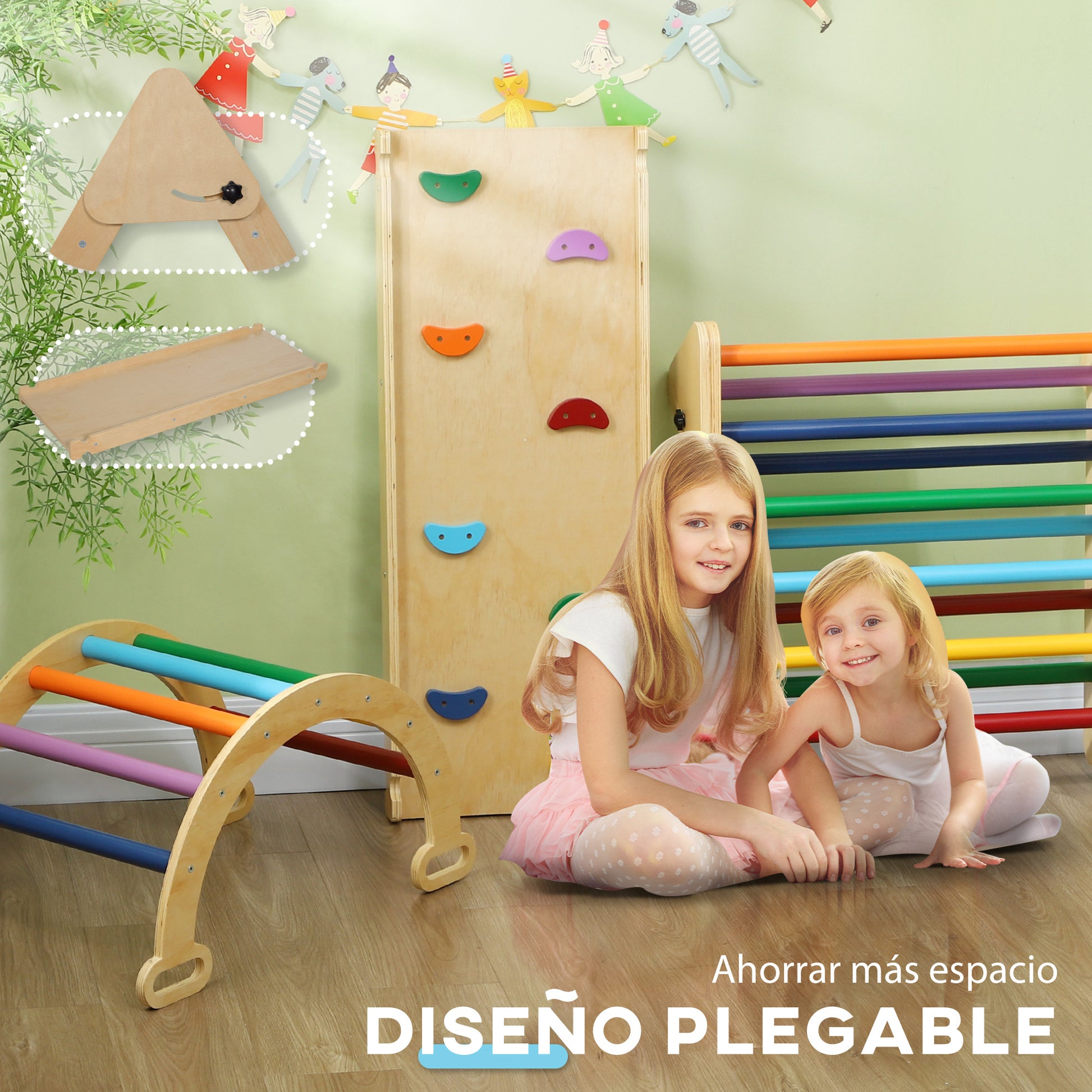 Foldable 5-in-1 Wooden Climbing Triangle for Kids aged 18-48 Months with Climbing Arch Ramp for Sliding or Climbing 178x64.5 cm Multicolor