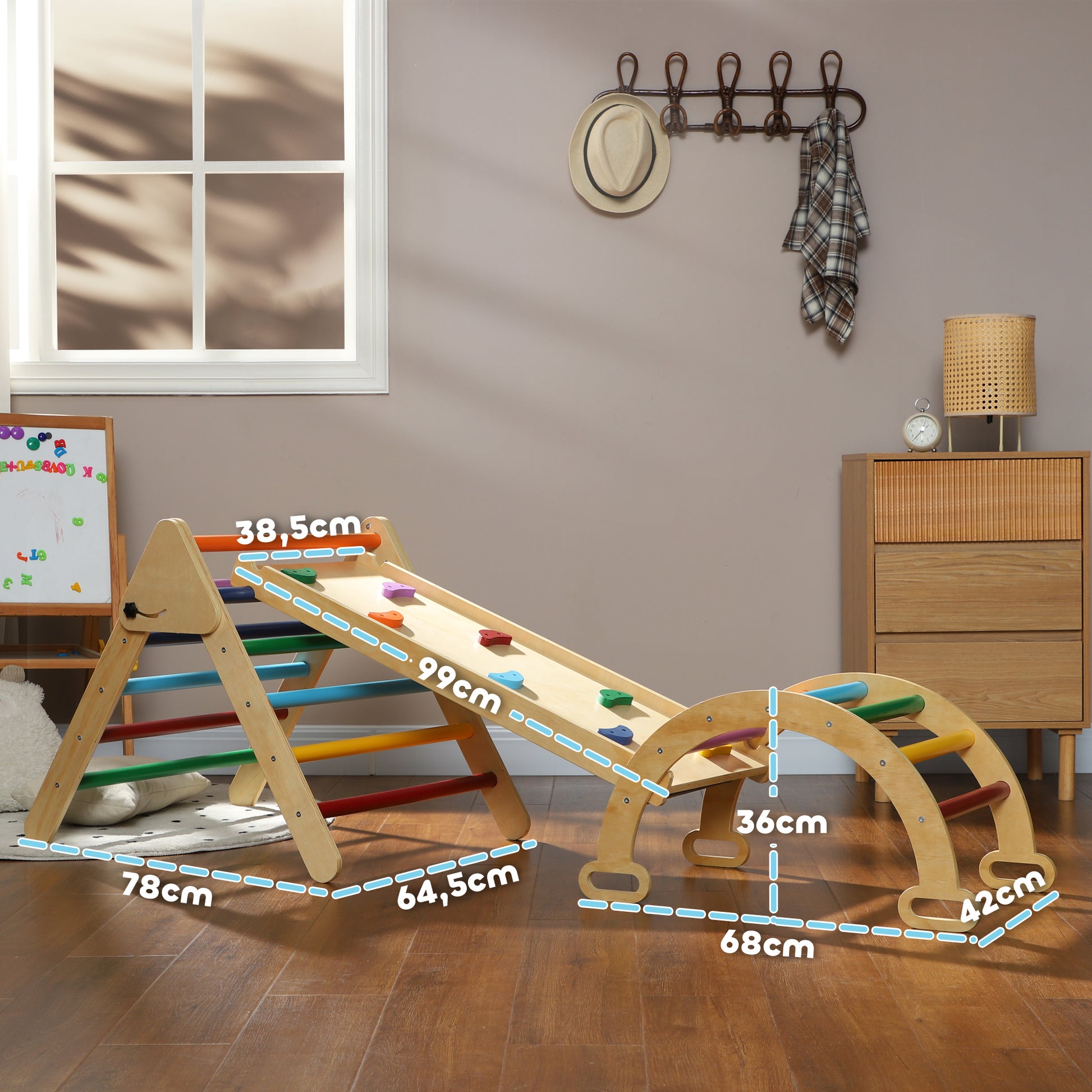 Foldable 5-in-1 Wooden Climbing Triangle for Kids aged 18-48 Months with Climbing Arch Ramp for Sliding or Climbing 178x64.5 cm Multicolor