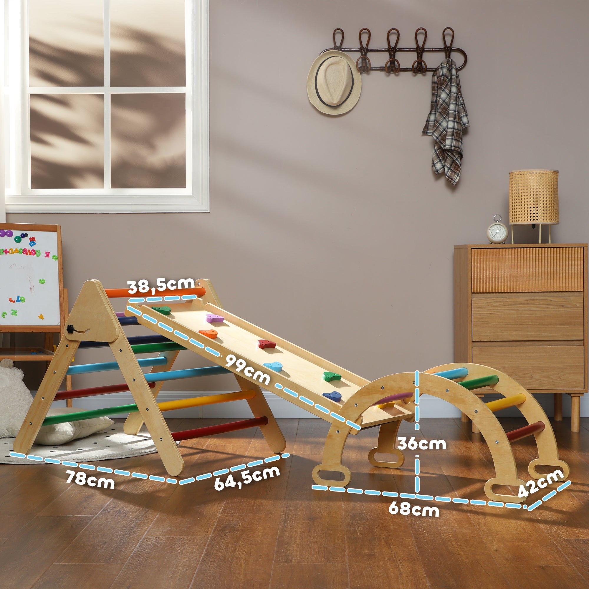 Foldable 5-in-1 Wooden Climbing Triangle for Kids aged 18-48 Months with Climbing Arch Ramp for Sliding or Climbing 178x64.5 cm Multicolor