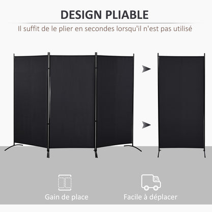 3-Panel Room Divider 2.53m x 0.5m x 1.82m Side Awning Windbreak on Stand Metal Polyester High-Density Black
