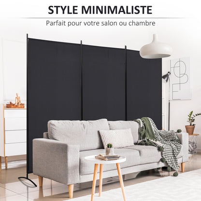 3-Panel Room Divider 2.53m x 0.5m x 1.82m Side Awning Windbreak on Stand Metal Polyester High-Density Black