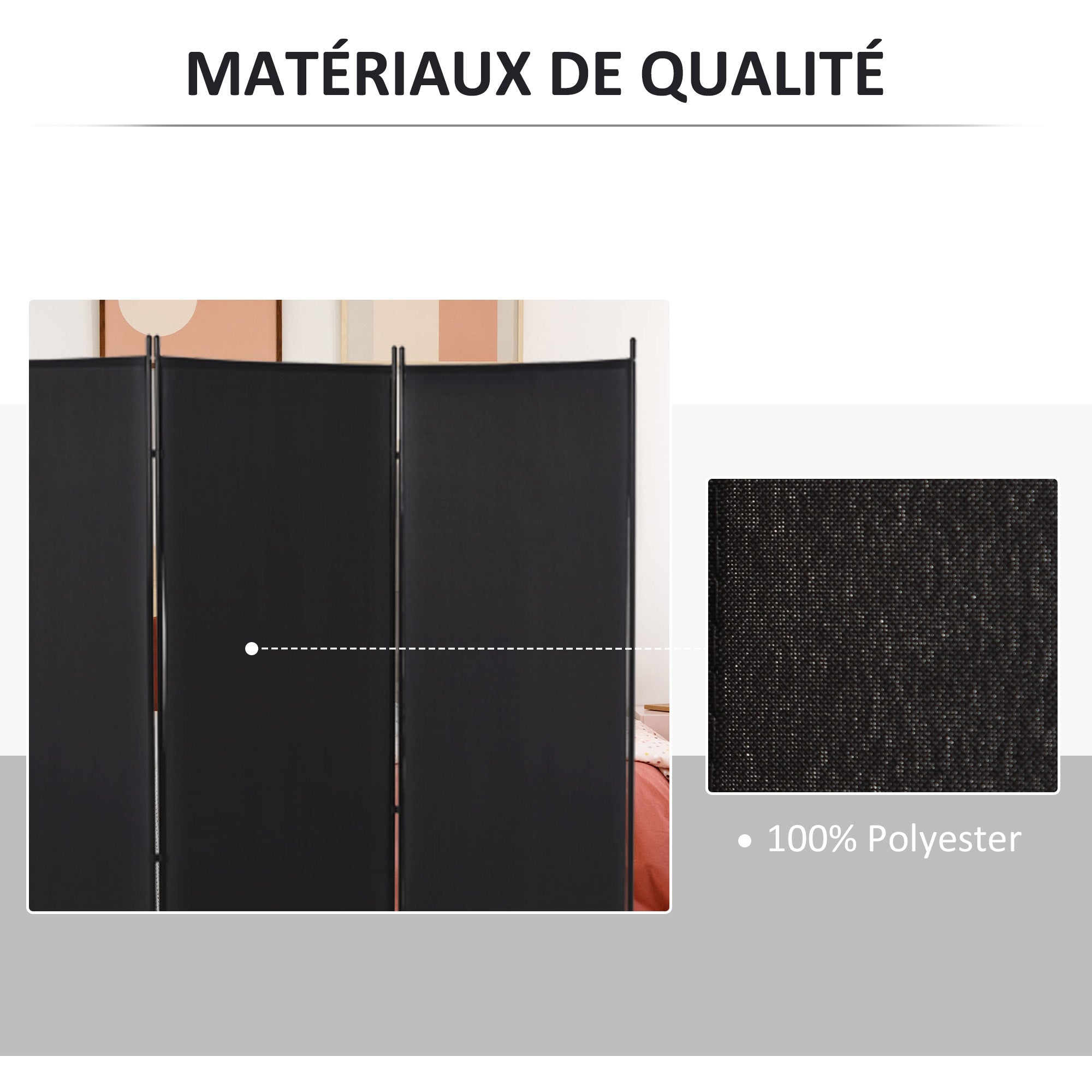 3-Panel Room Divider 2.53m x 0.5m x 1.82m Side Awning Windbreak on Stand Metal Polyester High-Density Black