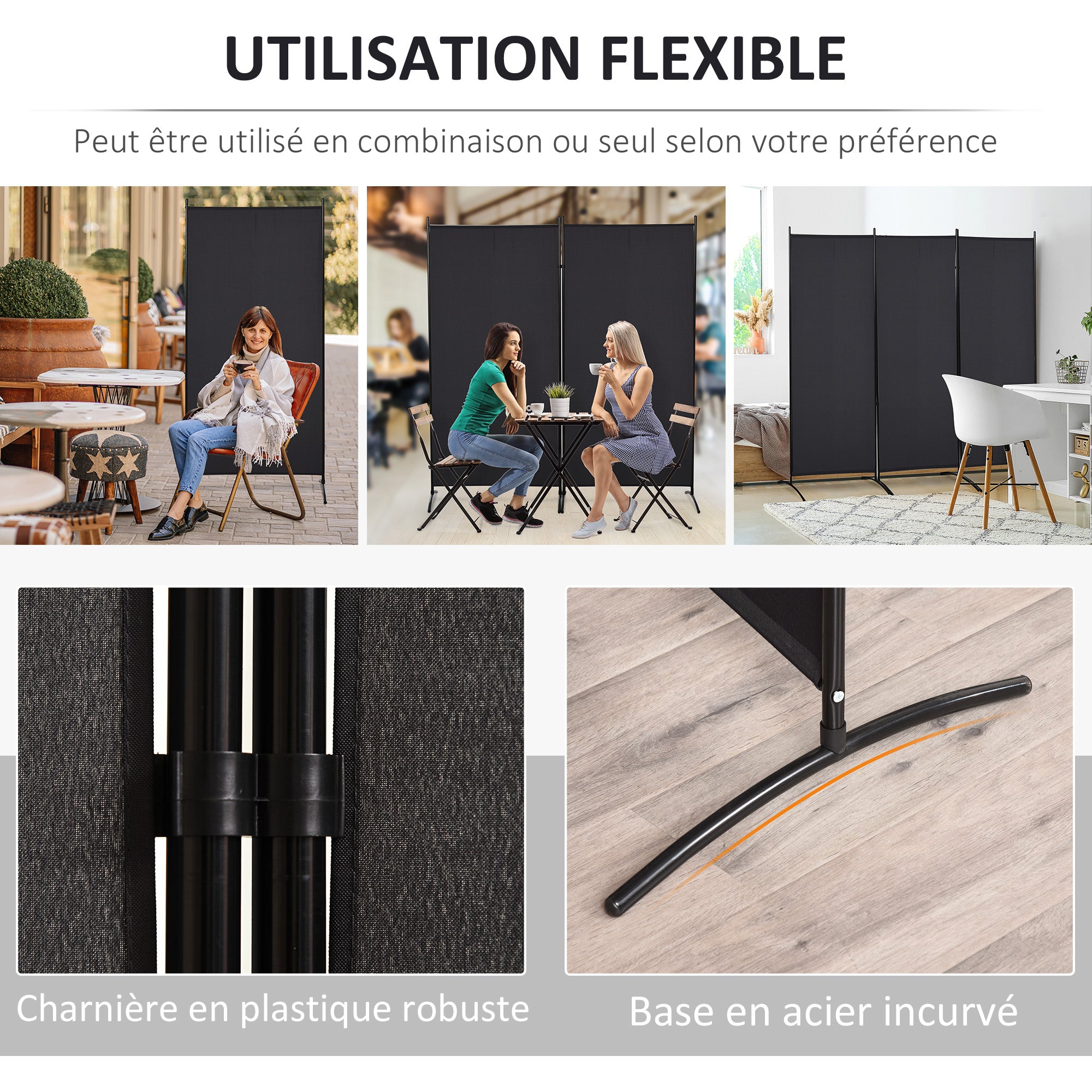 3-Panel Room Divider 2.53m x 0.5m x 1.82m Side Awning Windbreak on Stand Metal Polyester High-Density Black