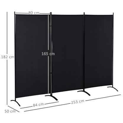 3-Panel Room Divider 2.53m x 0.5m x 1.82m Side Awning Windbreak on Stand Metal Polyester High-Density Black