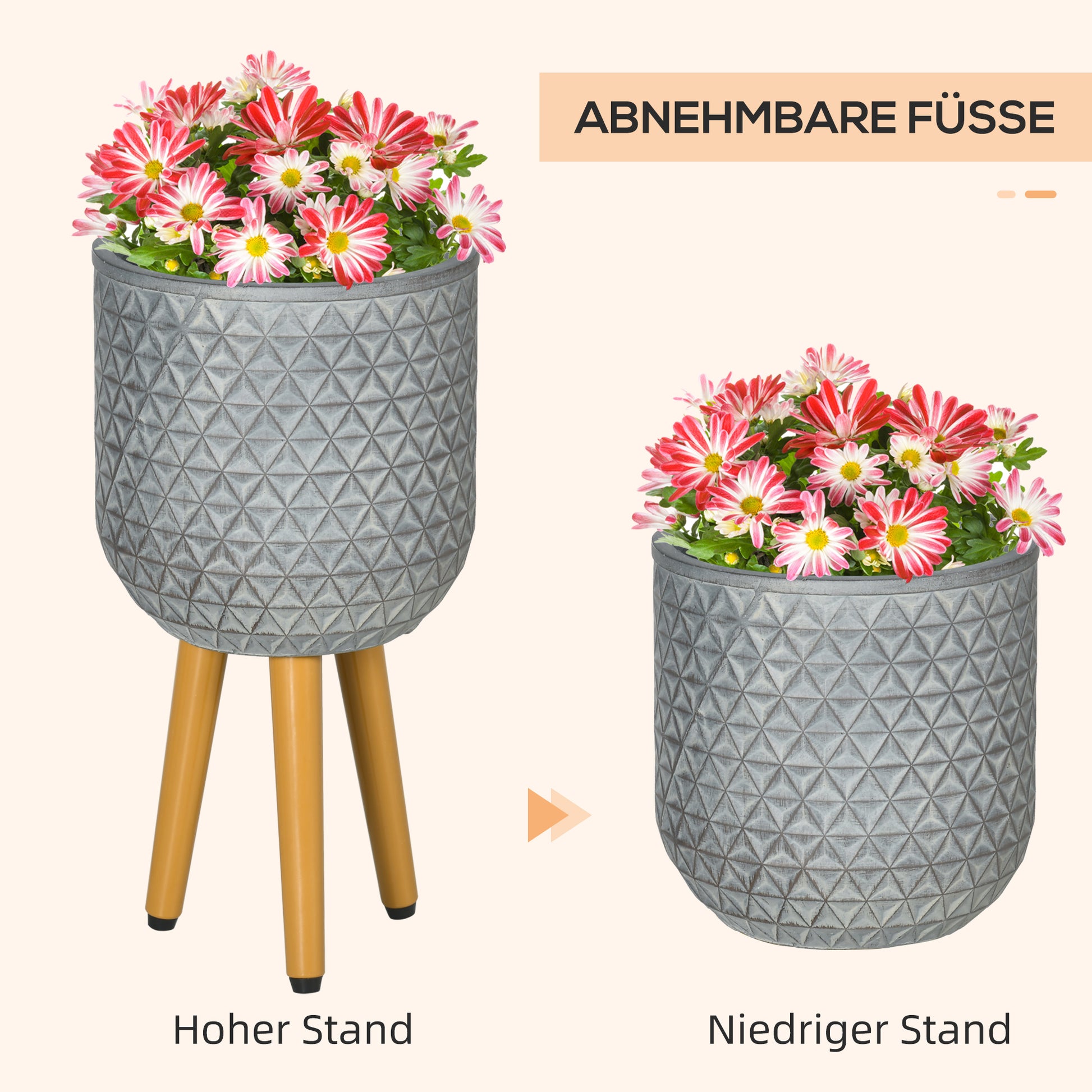 Set of 2 Planters, Flower Pots with Removable Legs, Drainage Holes, Planter, Herb Pot for Indoor and Outdoor Use, MgO, Gray