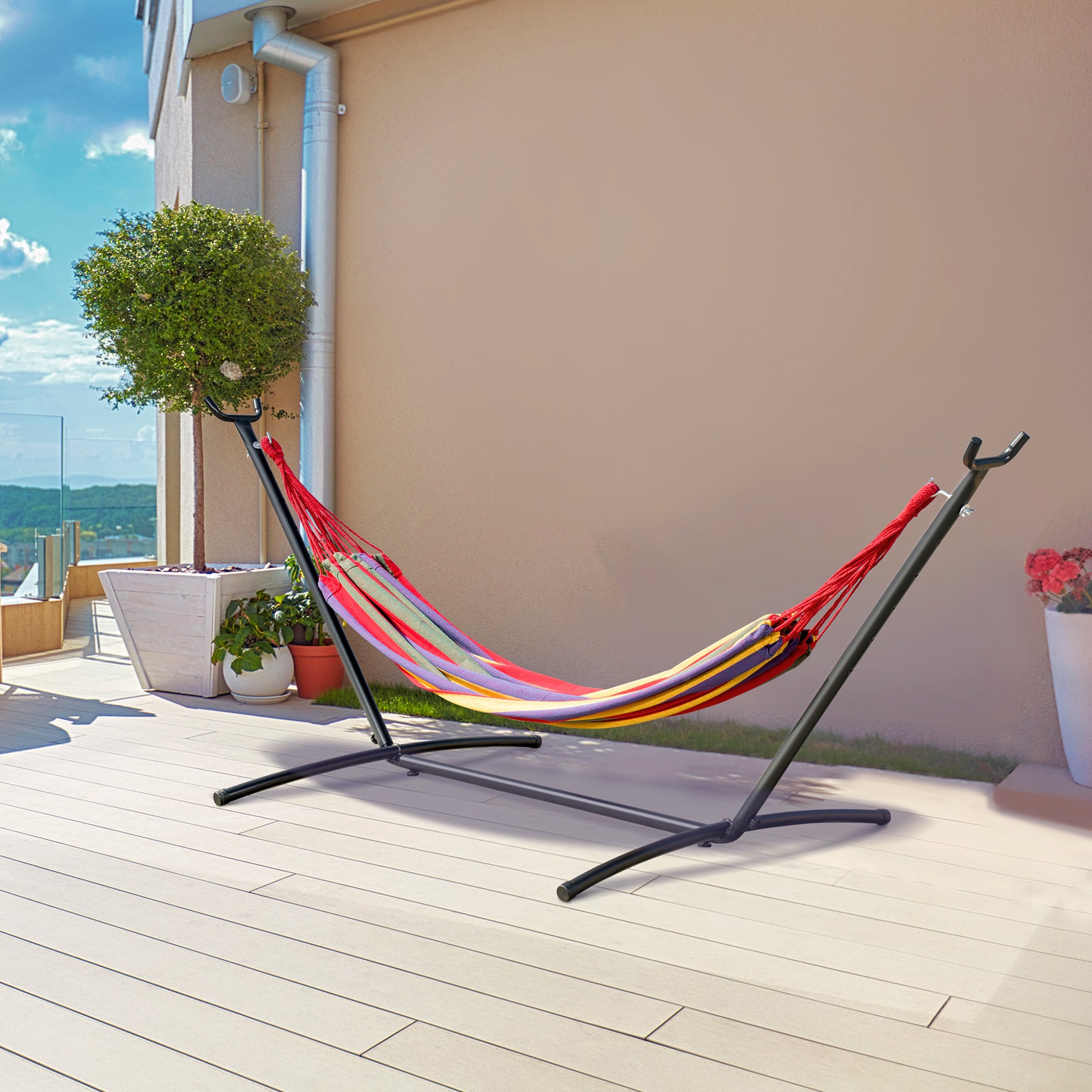 Hammock with Steel Stand Portable Garden Hammock with 6 Adjustable Heights and Carrying Bag for Patio Load 120 kg 200x150 cm Multicolor