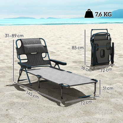 foldable sun lounger garden lounger with reading window, headrest, sunbed with 4-way adjustable backrest, weatherproof camping lounger up to 120 kg load capacity, for garden beach pool, Gray