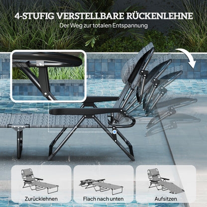 foldable sun lounger garden lounger with reading window, headrest, sunbed with 4-way adjustable backrest, weatherproof camping lounger up to 120 kg load capacity, for garden beach pool, Gray